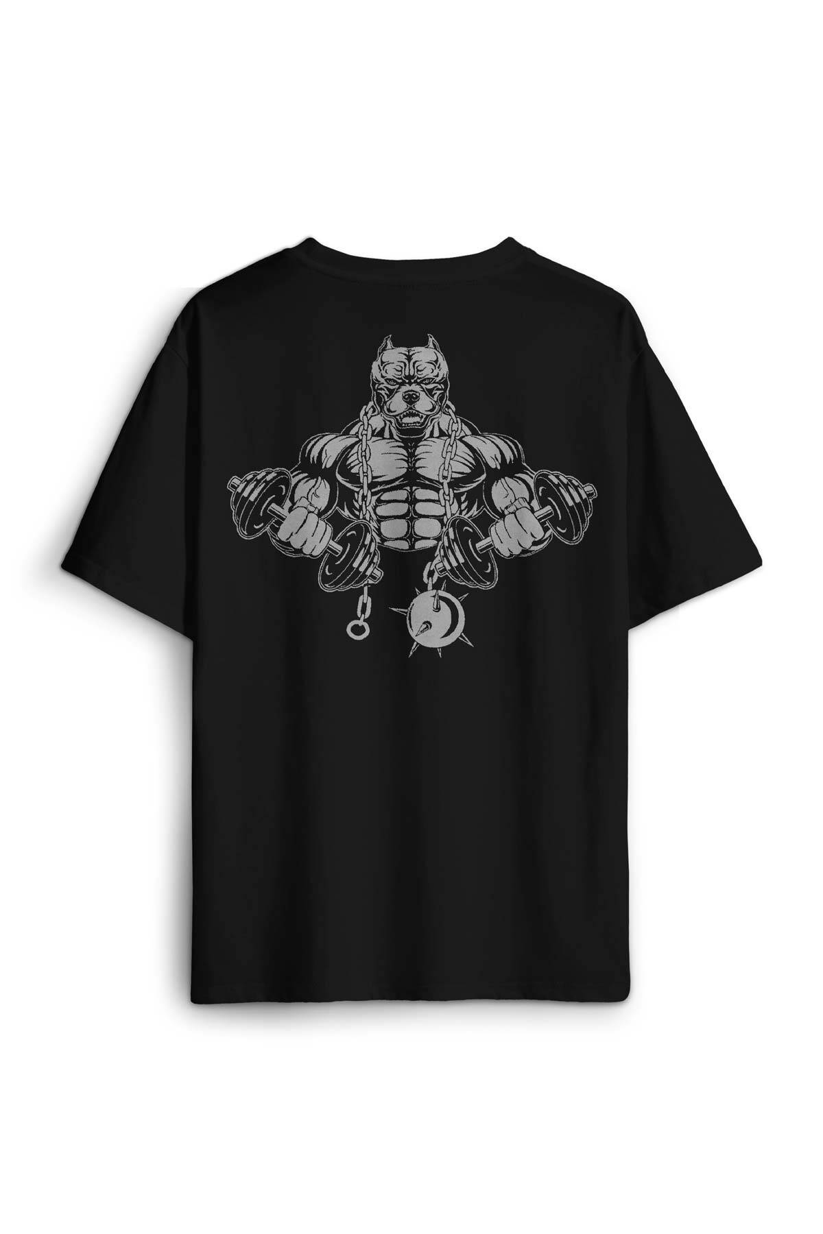 Gym Pitbull Bodybuilding Train Hard Baskılı Oversize Siyah Unisex Tişört (1)