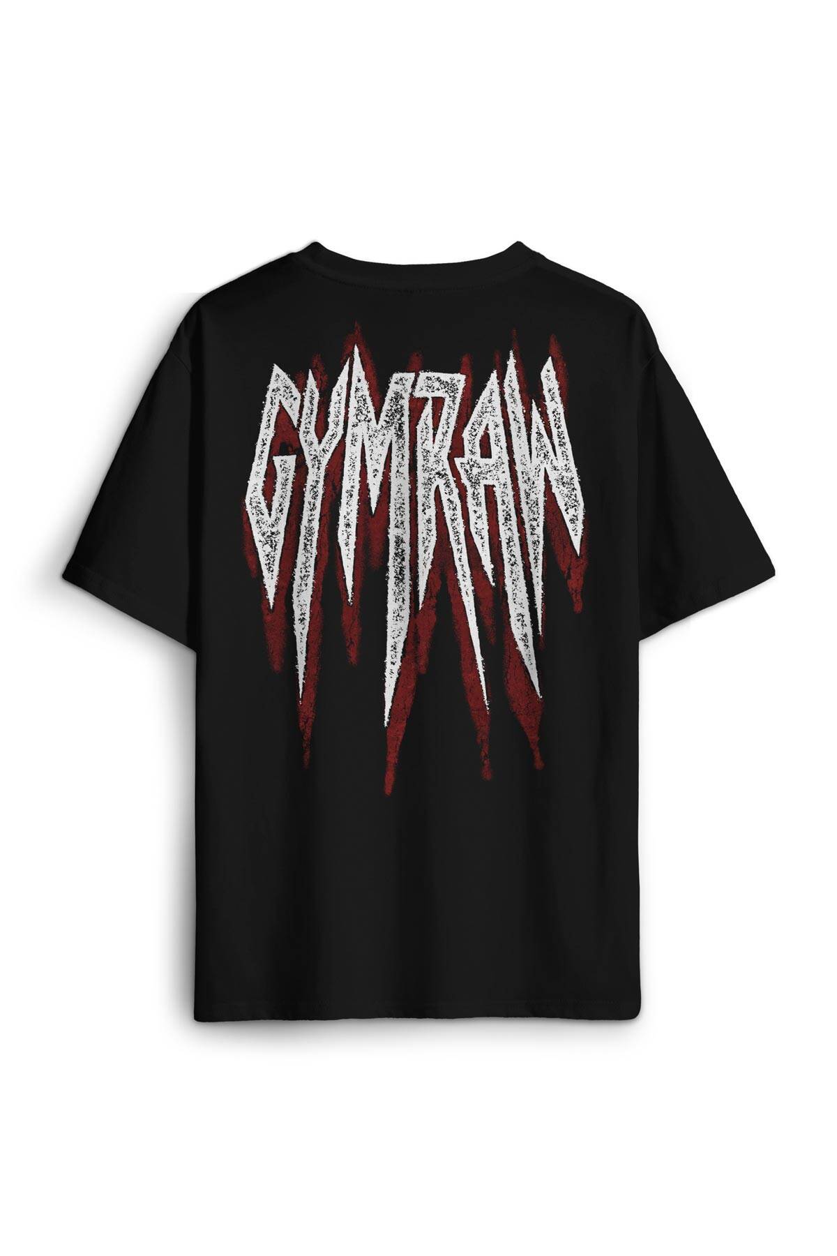 Gym Typo GymRaw Spor Fitness Gothic Beast Gotik Yazı Baskılı Siyah Oversize Tişört - 1