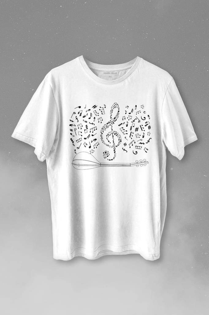 Halk Müziği Bağlama Sol Anahtarı Müzik Notası Enstrüman Baskılı Tişört Unisex