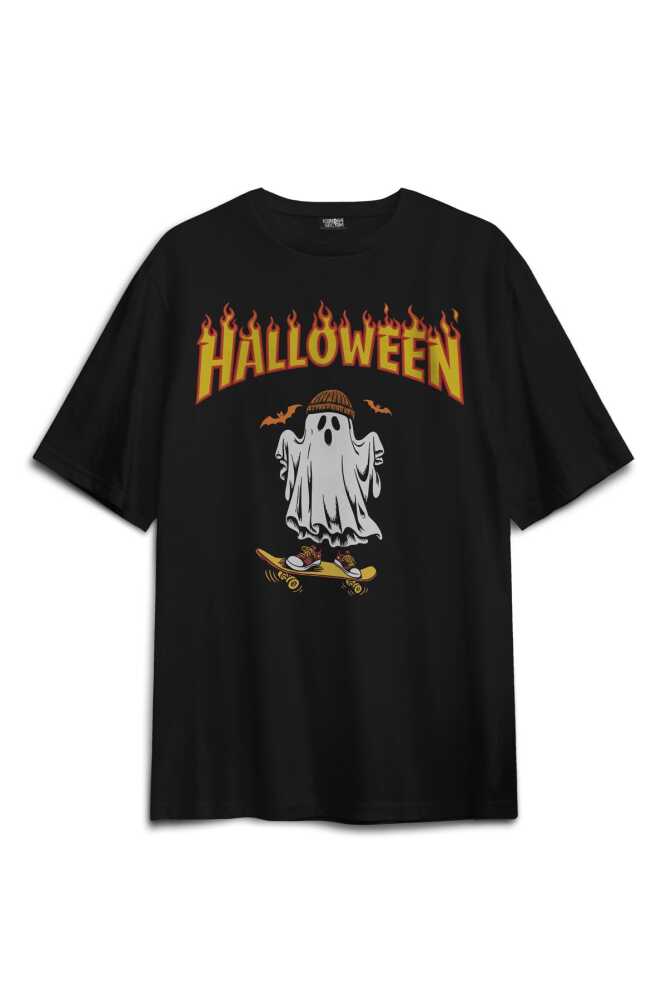 Halloween Ghost Skateboard Skate Kaykay Hayalet Thrasher Korku Baskılı Oversize Siyah T-shirt - 1