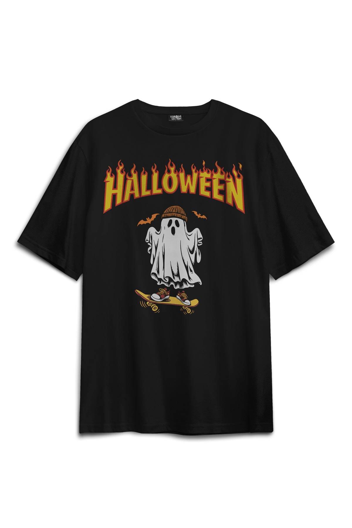 Halloween Ghost Skateboard Skate Kaykay Hayalet Thrasher Korku Baskılı Oversize Siyah T-shirt