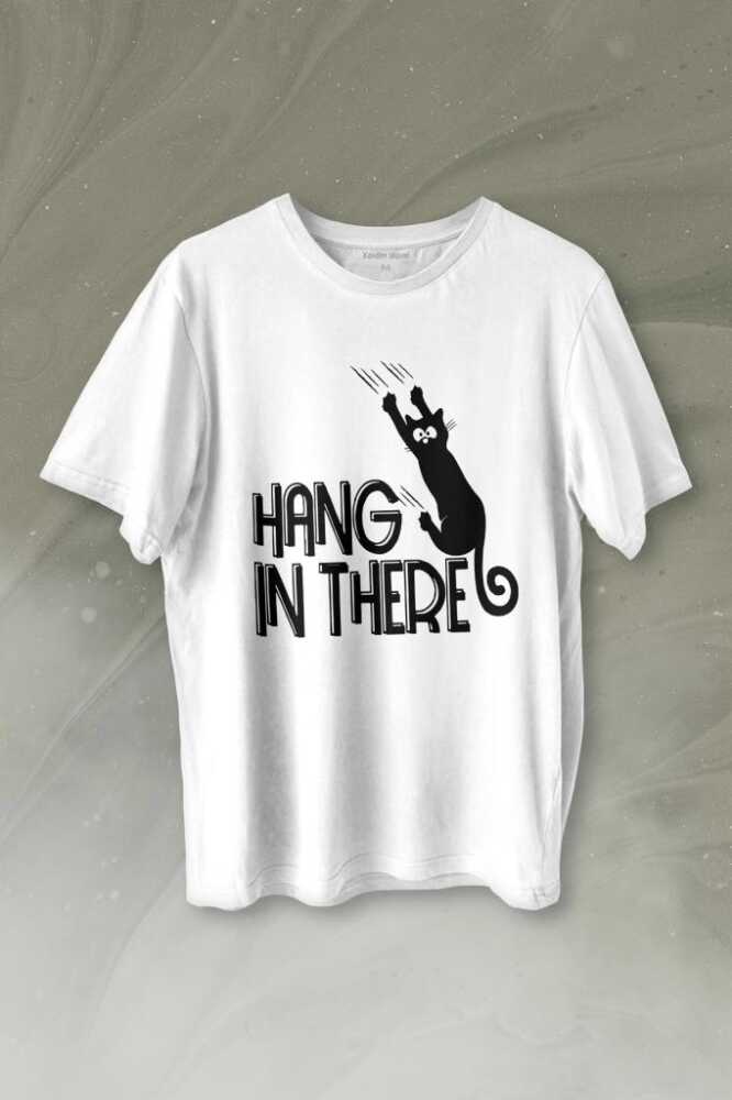 Hang In There Tırmalayan Kedi Asla Pes Etme Baskılı Beyaz Tişört Unisex