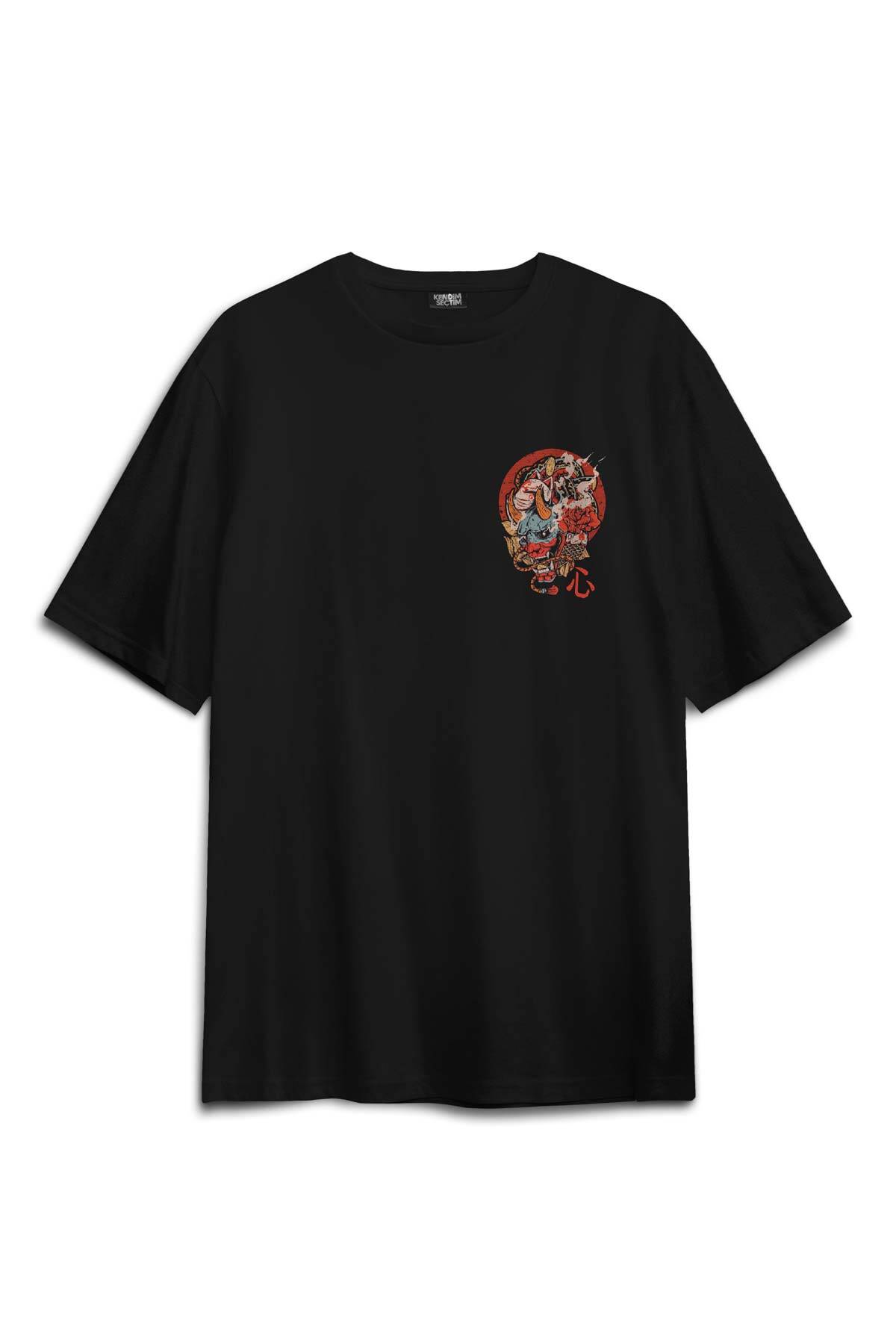 Hannya Mask Oni Japanese Demon Maske Japon Sırt Ön Baskılı Oversize Tişört Unisex - 1
