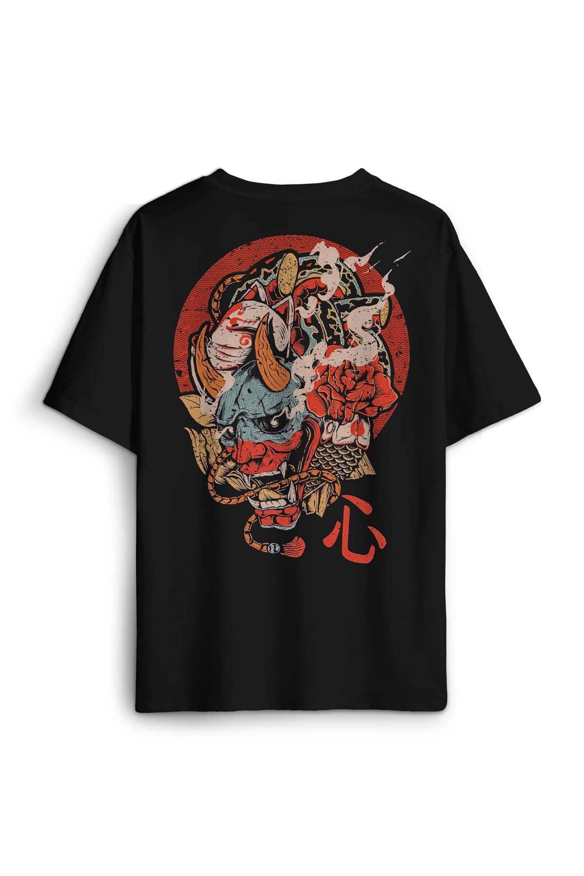 Hannya Mask Oni Japanese Demon Maske Japon Sırt Ön Baskılı Oversize Tişört Unisex - 2