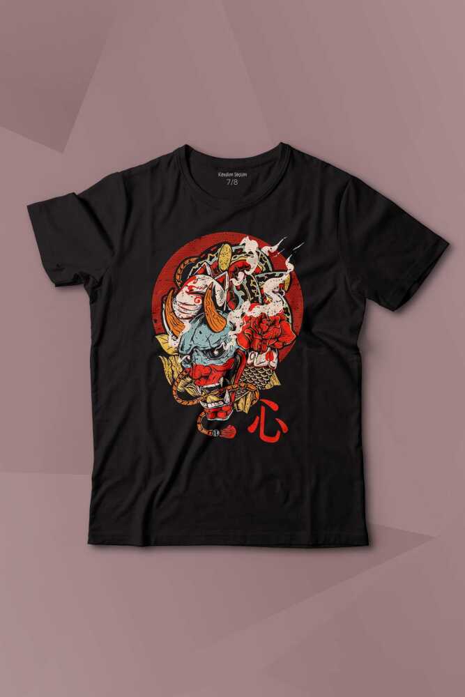 Hannya Maske Oni Japanese Demon Mask Japon Baskılı Çocuk Tişört Kısa Kollu