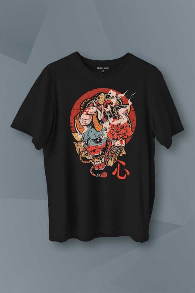 Hannya Maske Oni Japanese Demon Mask Japon Baskılı Tişört Unisex