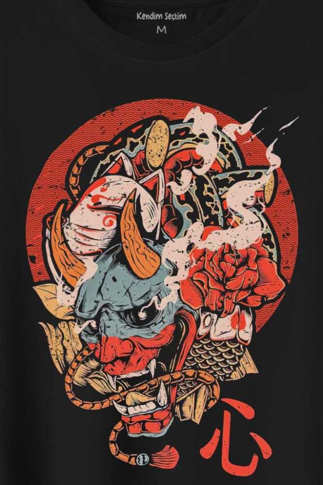 Hannya Maske Oni Japanese Demon Mask Japon Baskılı Tişört Unisex (1)