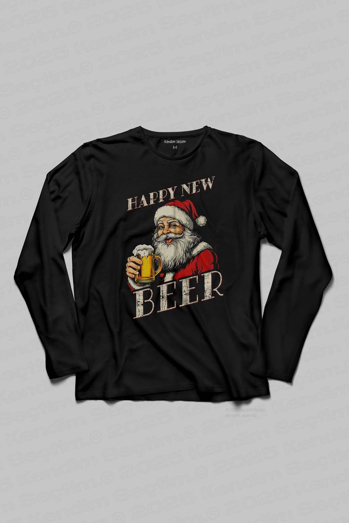 Happy New Beer Bira Bardaklı Noel Baba Komik Yılbaşı Siyah Unisex Uzun Kollu Tişört - 1