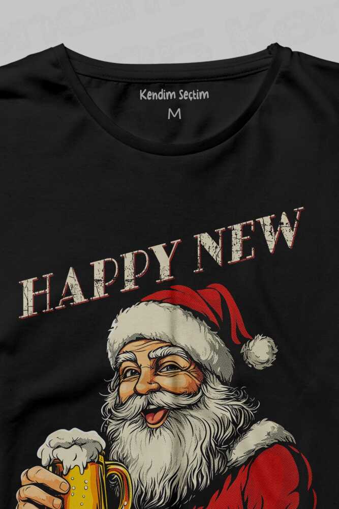 Happy New Beer Bira Bardaklı Noel Baba Komik Yılbaşı Siyah Unisex Uzun Kollu Tişört (1)