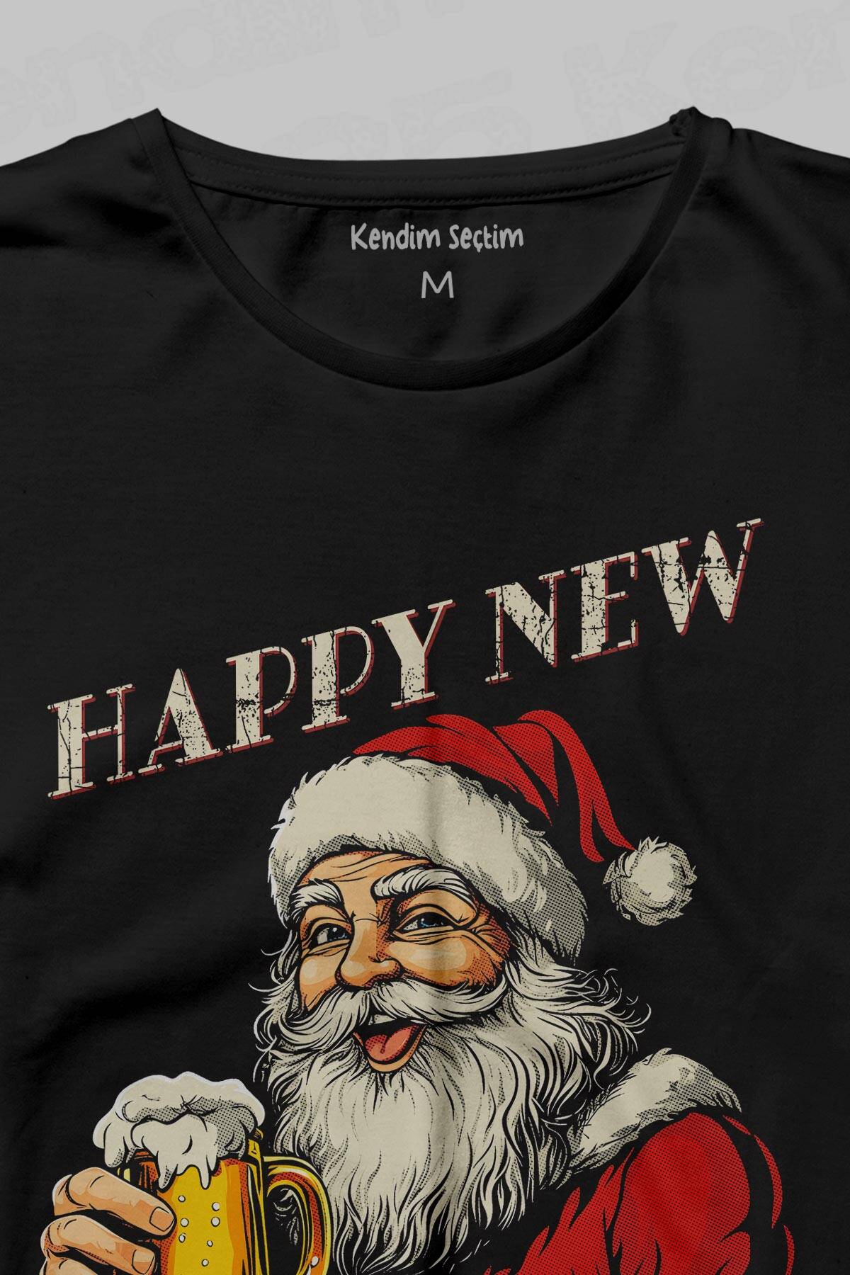 Happy New Beer Bira Bardaklı Noel Baba Komik Yılbaşı Siyah Unisex Uzun Kollu Tişört - 2