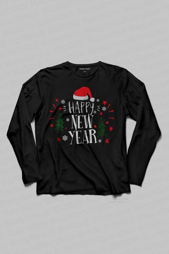 Happy New Year Yeni Yıl Noel Şapkalı Çam Ağaçlı Yılbaşı Siyah Unisex Uzun Kollu Tişört