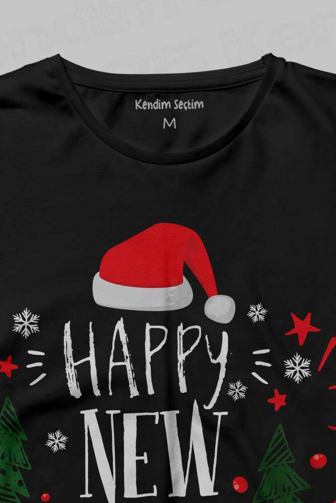 Happy New Year Yeni Yıl Noel Şapkalı Çam Ağaçlı Yılbaşı Siyah Unisex Uzun Kollu Tişört (1)