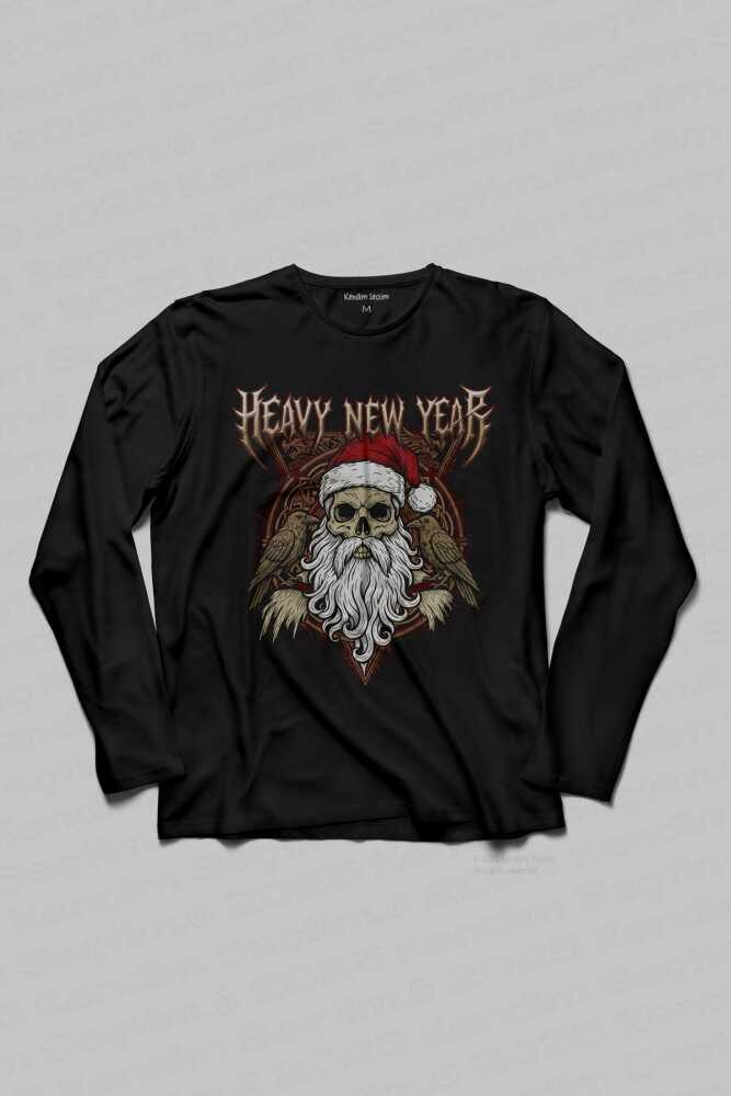 Heavy New Year Kuru Kafa Noel Baba Metal Yılbaşı Siyah Unisex Uzun Kollu Tişört