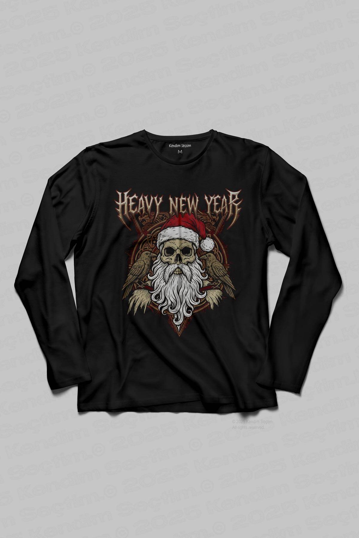 Heavy New Year Kuru Kafa Noel Baba Metal Yılbaşı Siyah Unisex Uzun Kollu Tişört - 1