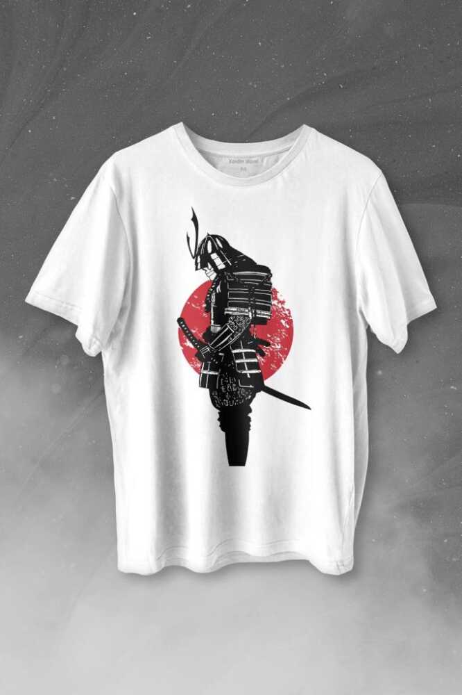 Helmet Kask Spartan Samuray Savaşçı Kılıç Baskılı Beyaz Tişört Unisex