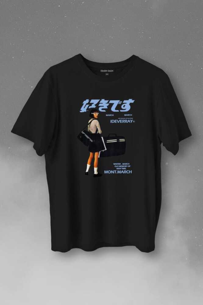 Hip Hop Harajuku Kanji Japon Kız Japan Girl Baskılı Siyah Tişört Unisex