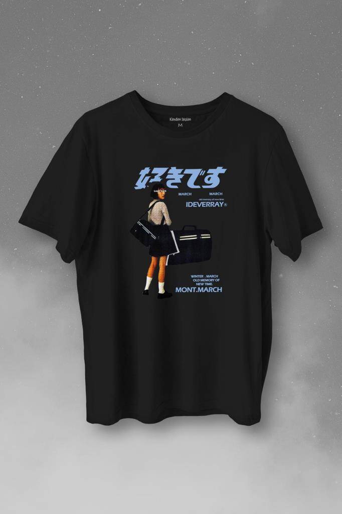 Hip Hop Harajuku Kanji Japon Kız Japan Girl Baskılı Siyah Tişört Unisex