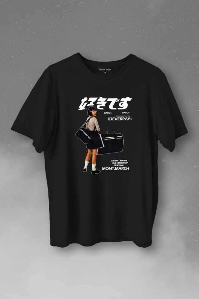 Japan Girl Hip Hop Harajuku Kanji Japon Kız Baskılı Siyah Tişört Unisex