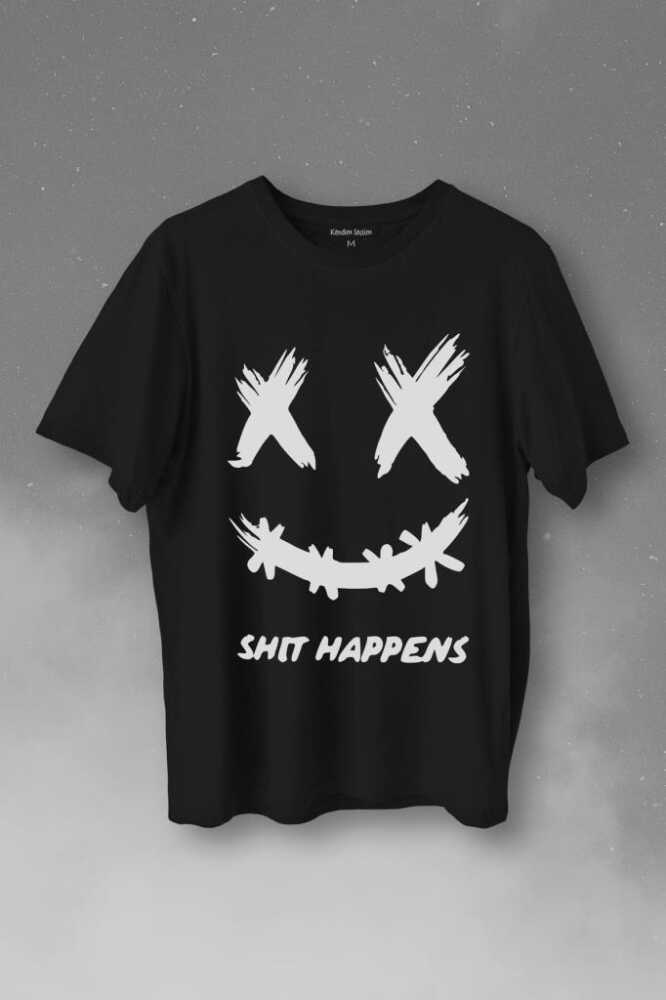 Hip Hop Marshmello Music Shit Happens Baskılı Siyah Tişört Unisex