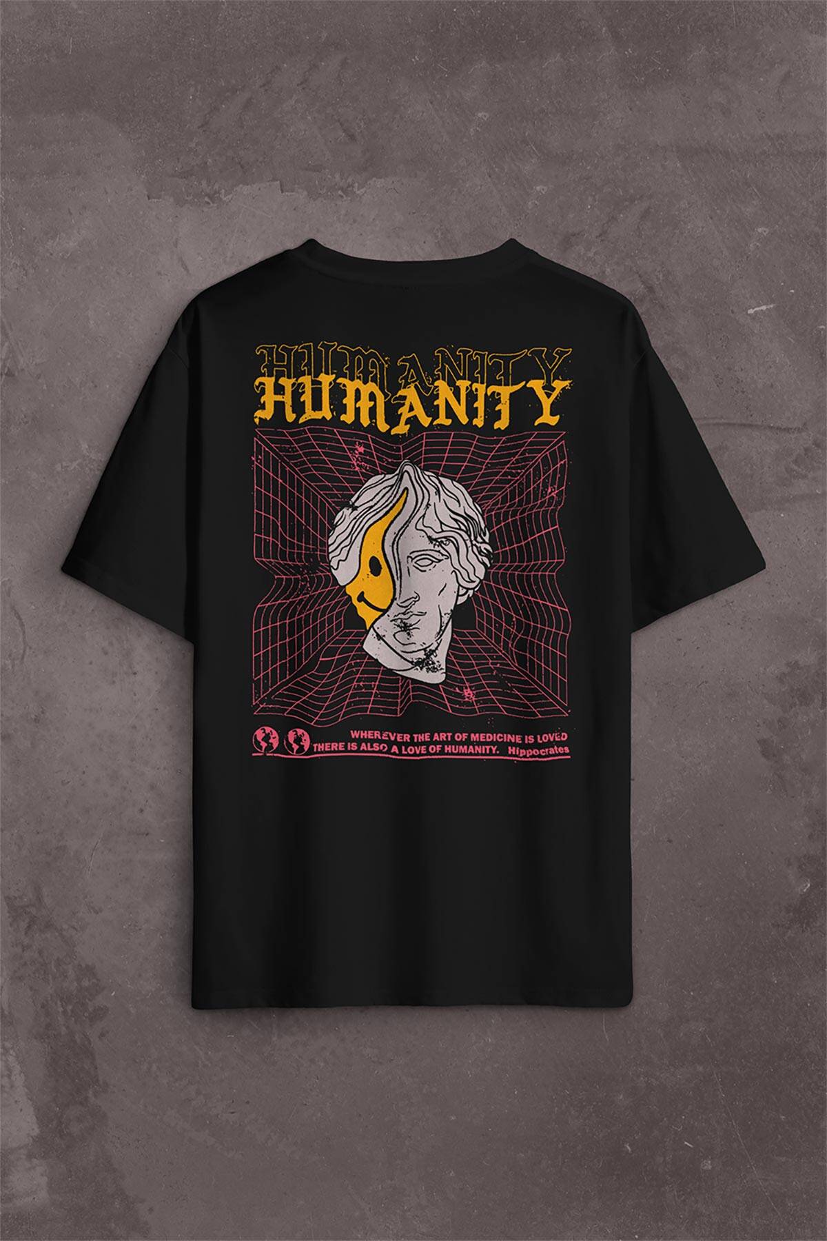 Humanity Smiley Statue Neon Heykel 2K Urban Sırt Ön Baskılı Oversize Tişört Unisex