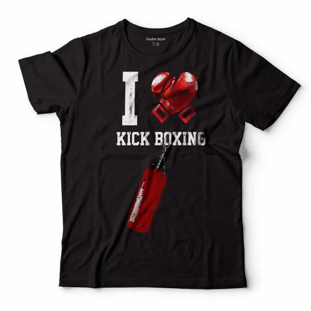I Love Kick Boxing Boks Eldiveni Çocuk Tişört Siyah