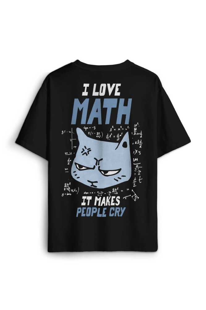 I Love Math Matematik Formül Kedi Baskılı Oversize Siyah Unisex Tişört