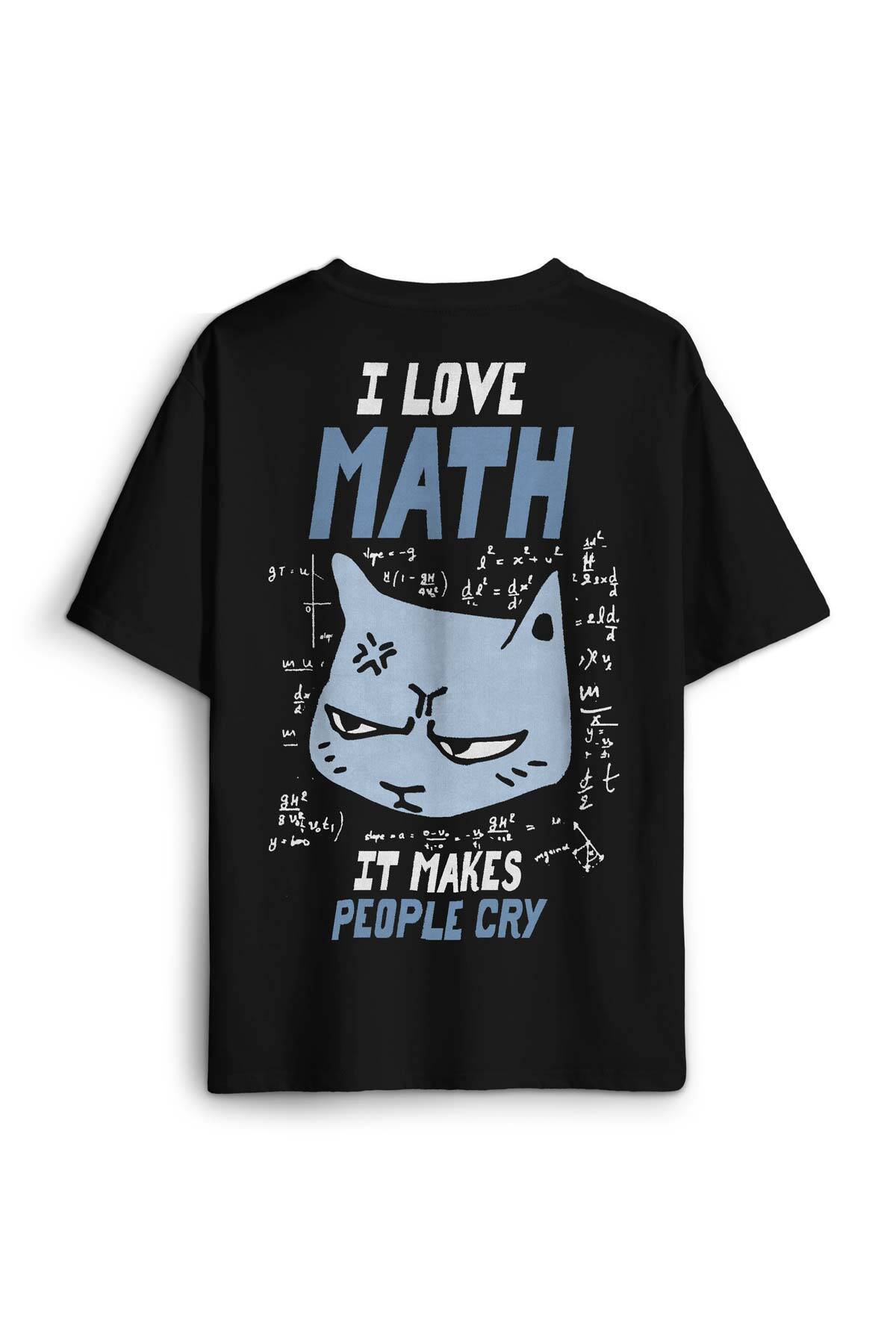 I Love Math Matematik Formül Kedi Baskılı Oversize Siyah Unisex Tişört