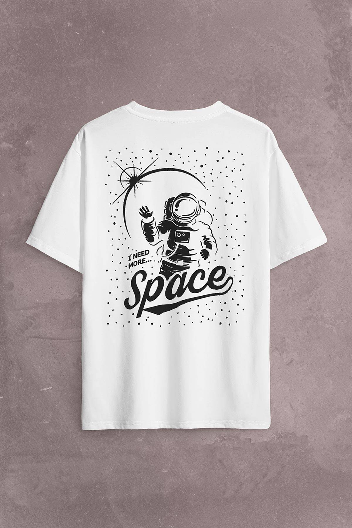 I Need More Space Uzay Cosmos Astronot Galaksi Sırt Ön Baskılı Beyaz Oversize Tişört Unisex (1)