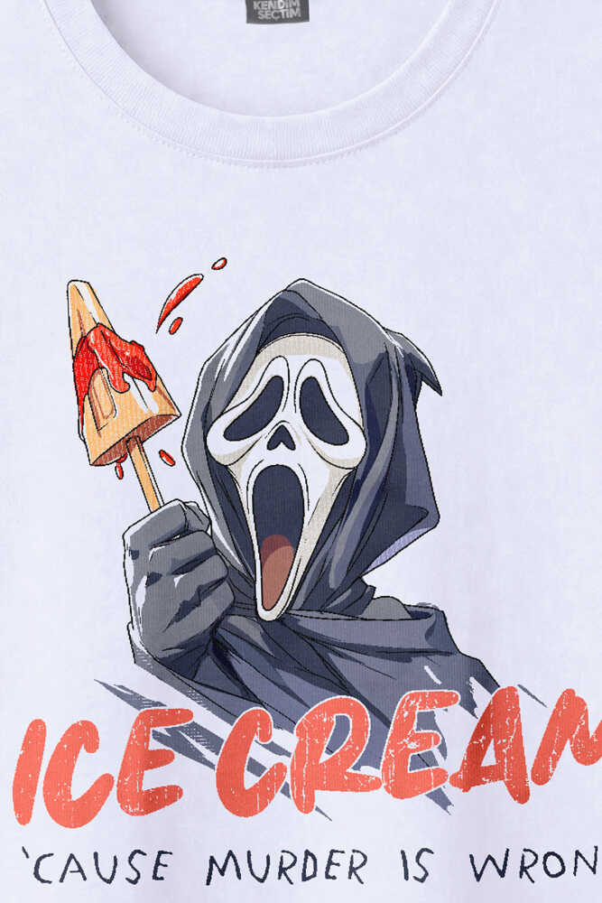 Ice Cream Scream Summer Funny Yaz Eğlenceli Dondurma Baskılı Beyaz Tişört (1)