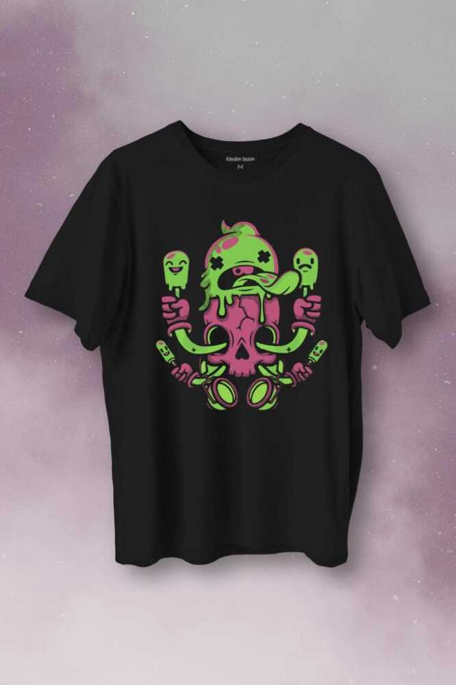 Ice Cream Skull Dondurma Kurukafa Street Wear Baskılı Siyah Tişört Unisex