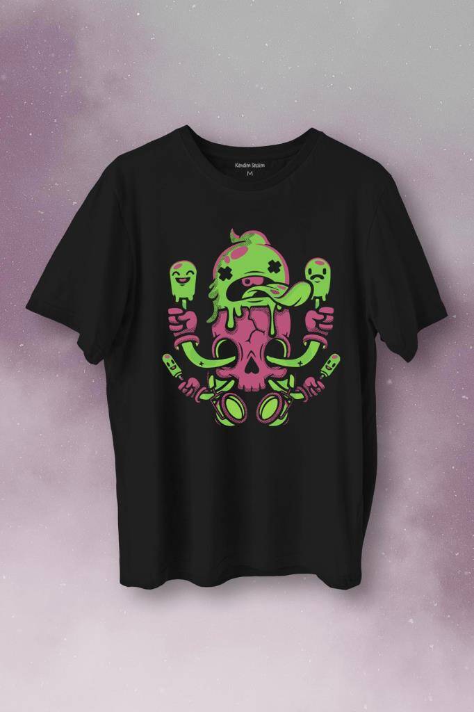 Ice Cream Skull Dondurma Kurukafa Street Wear Baskılı Siyah Tişört Unisex