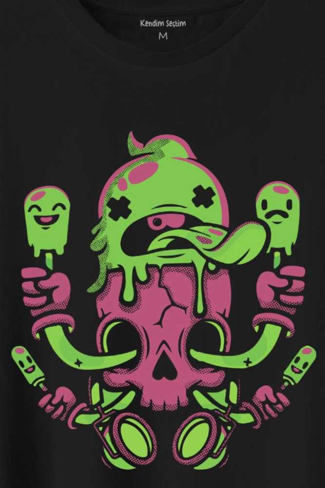 Ice Cream Skull Dondurma Kurukafa Street Wear Baskılı Siyah Tişört Unisex (1)