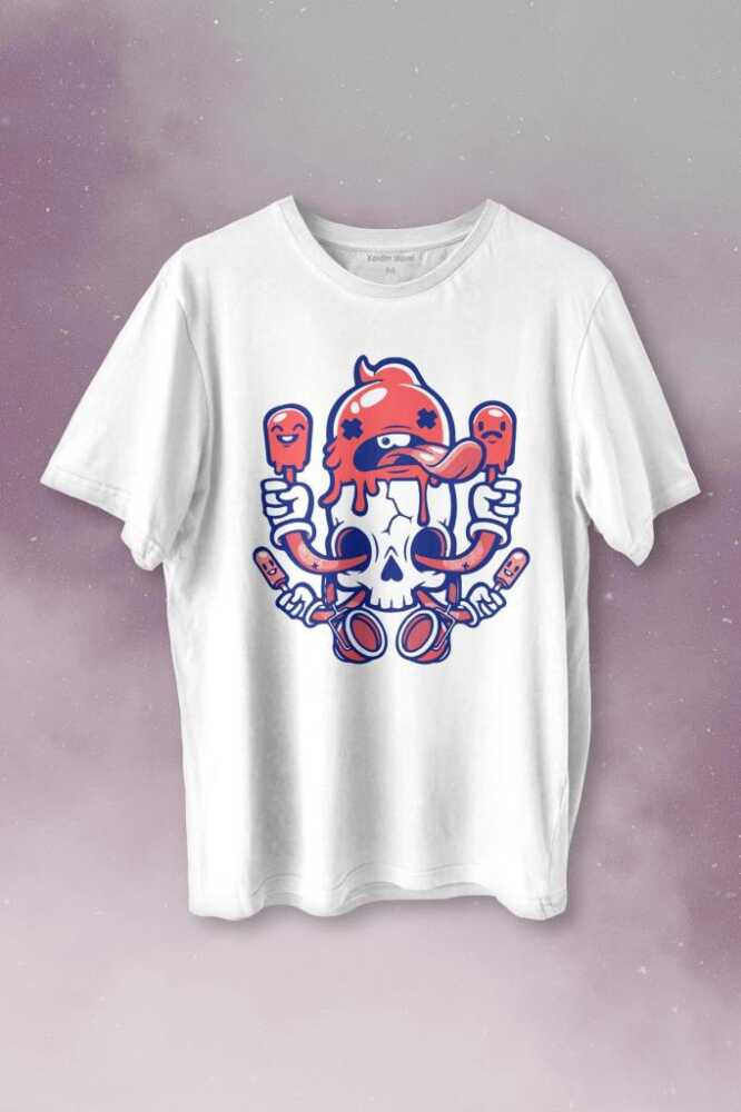 Ice Cream Skull Dondurma Kurukafa Street Wear Baskılı Beyaz Tişört Unisex