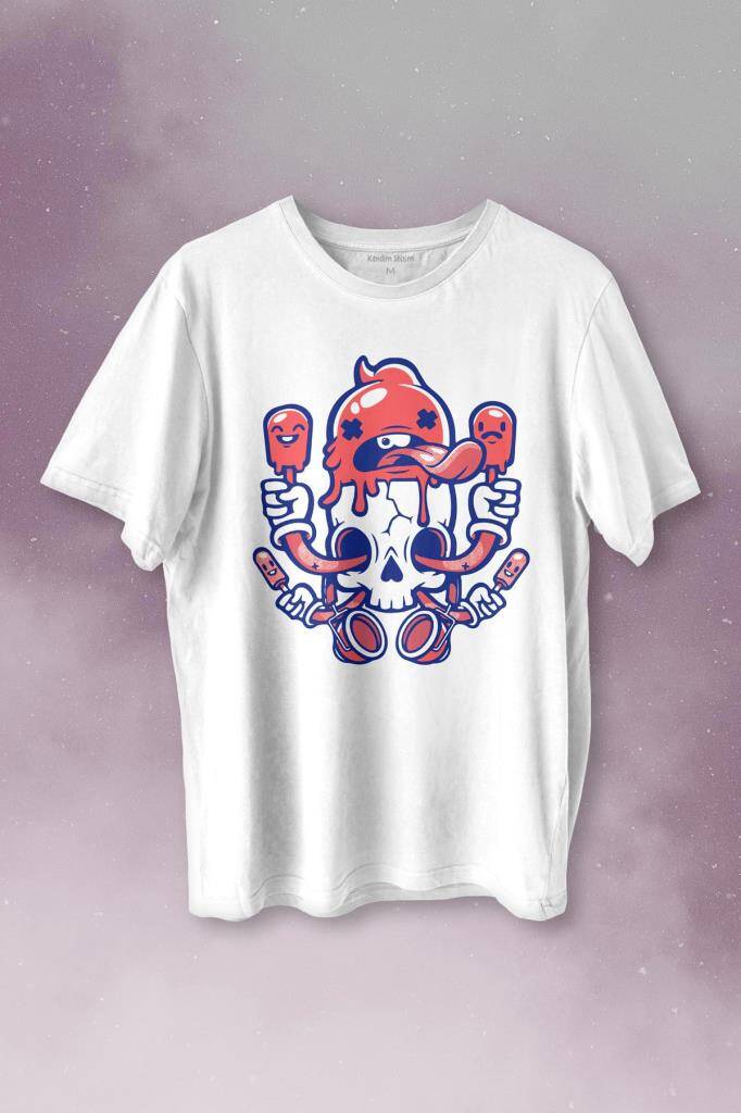 Ice Cream Skull Dondurma Kurukafa Street Wear Baskılı Beyaz Tişört Unisex