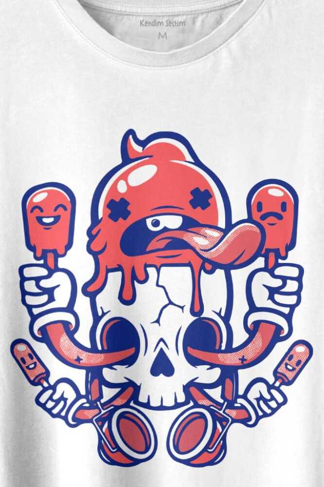 Ice Cream Skull Dondurma Kurukafa Street Wear Baskılı Beyaz Tişört Unisex (1)