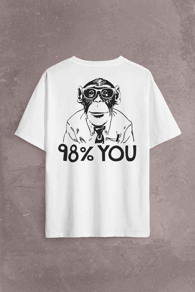 İnsan Evrim Şempanze %98 Chimp Evolution Dna Sırt Ön Baskılı Beyaz Oversize Tişört Unisex