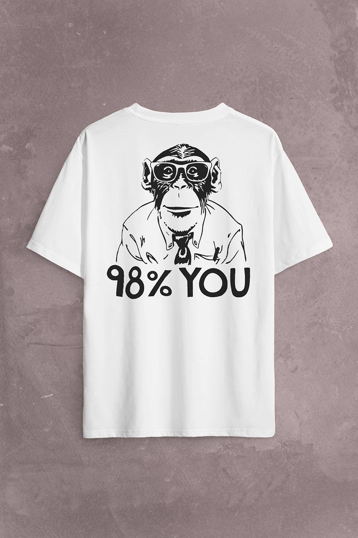 İnsan Evrim Şempanze %98 Chimp Evolution Dna Sırt Ön Baskılı Beyaz Oversize Tişört Unisex