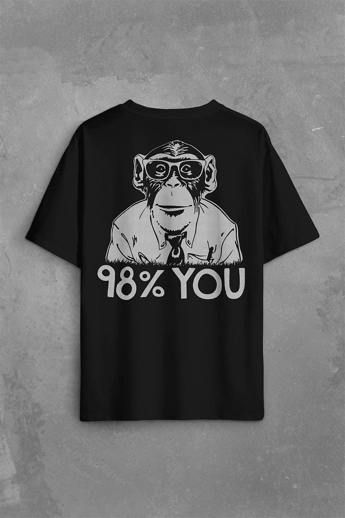 İnsan Evrim Şempanze %98 Chimp Evolution Dna Sırt Ön Baskılı Siyah Oversize Tişört Unisex