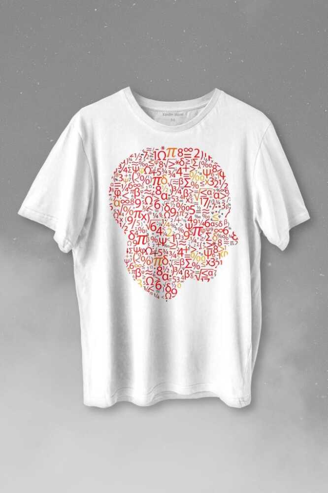 İnsan Kafası Matematik Formüllü Sayı Numaraları Denklem Baskılı Beyaz Tişört Unisex