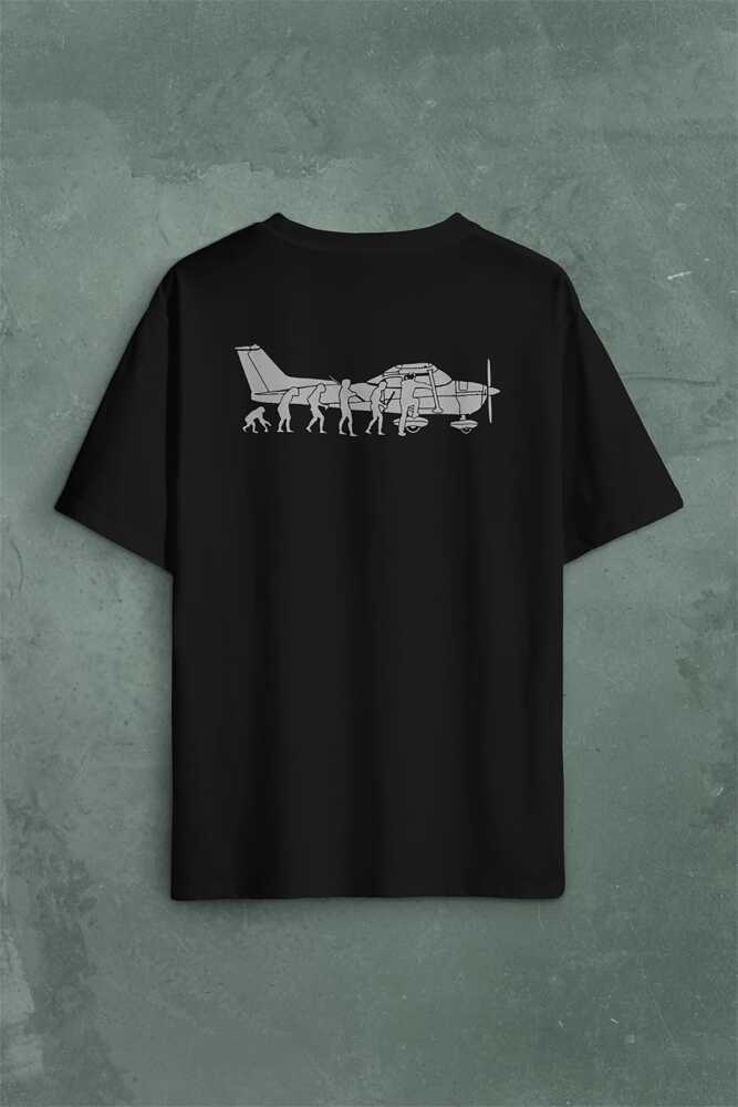 İnsan Maymun Evrim Cessna Uçak Tayyare Sırt Ön Baskılı Oversize Tişört Unisex
