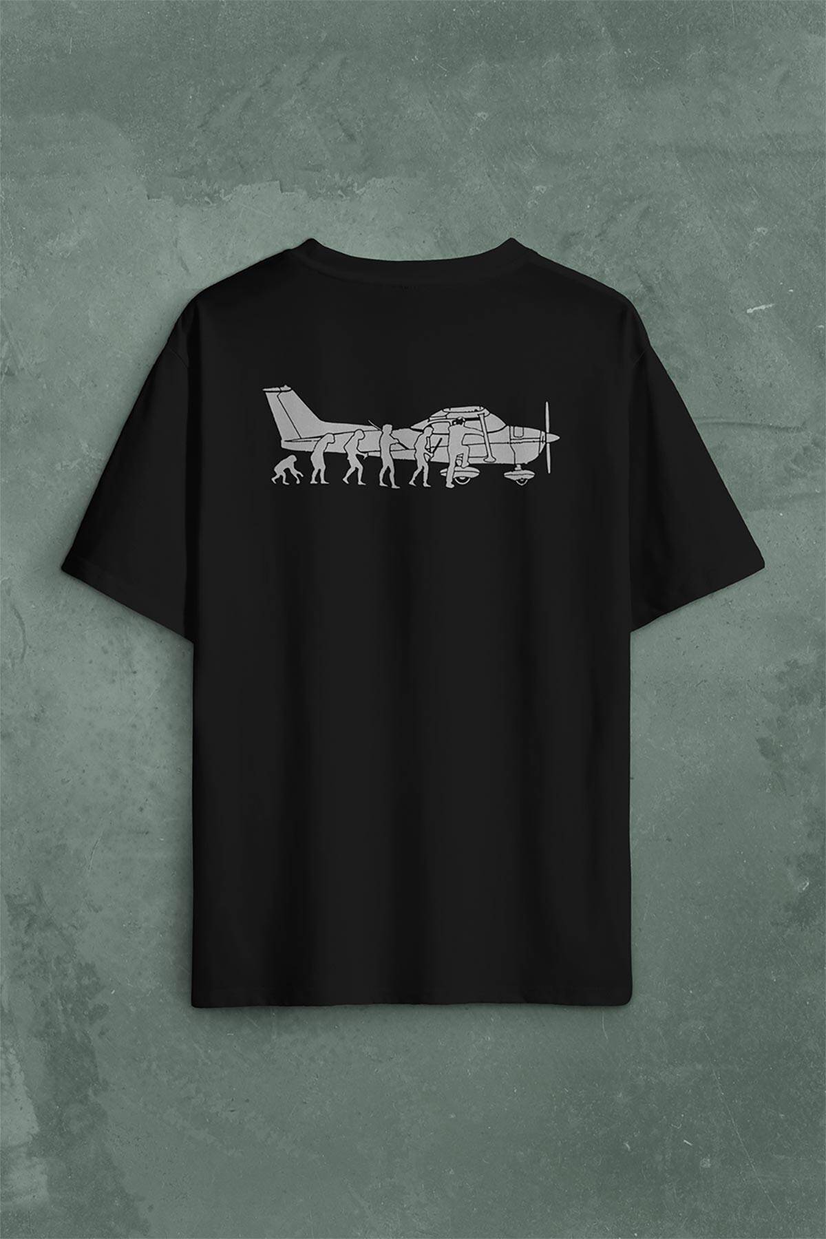 İnsan Maymun Evrim Cessna Uçak Tayyare Sırt Ön Baskılı Oversize Tişört Unisex