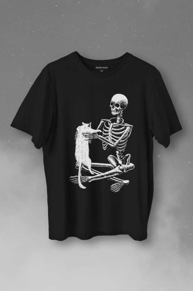 İskelet Ölünceye Kadar Kedi Seveceğim Skeleton Cat Love Baskılı Siyah Tişört Unisex