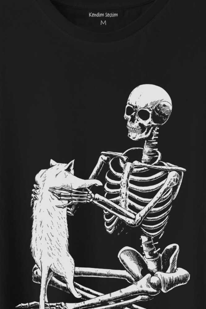 İskelet Ölünceye Kadar Kedi Seveceğim Skeleton Cat Love Baskılı Siyah Tişört Unisex (1)