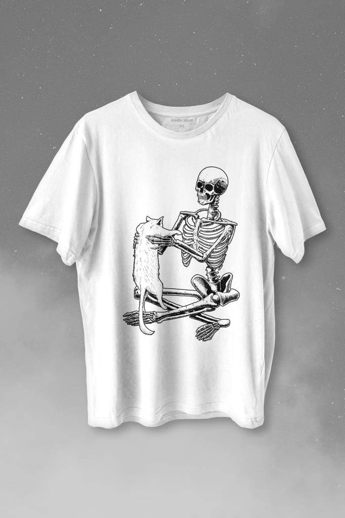 İskelet Ölünceye Kadar Kedi Seveceğim Skeleton Cat Love Baskılı Beyaz Tişört Unisex