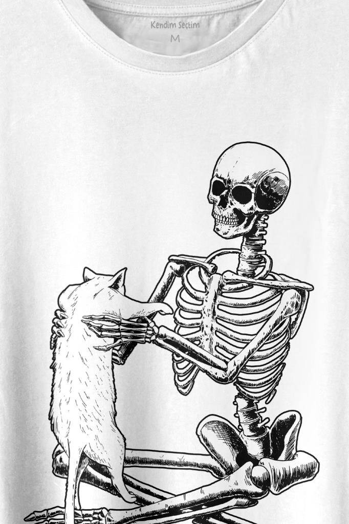 İskelet Ölünceye Kadar Kedi Seveceğim Skeleton Cat Love Baskılı Beyaz Tişört Unisex (1)