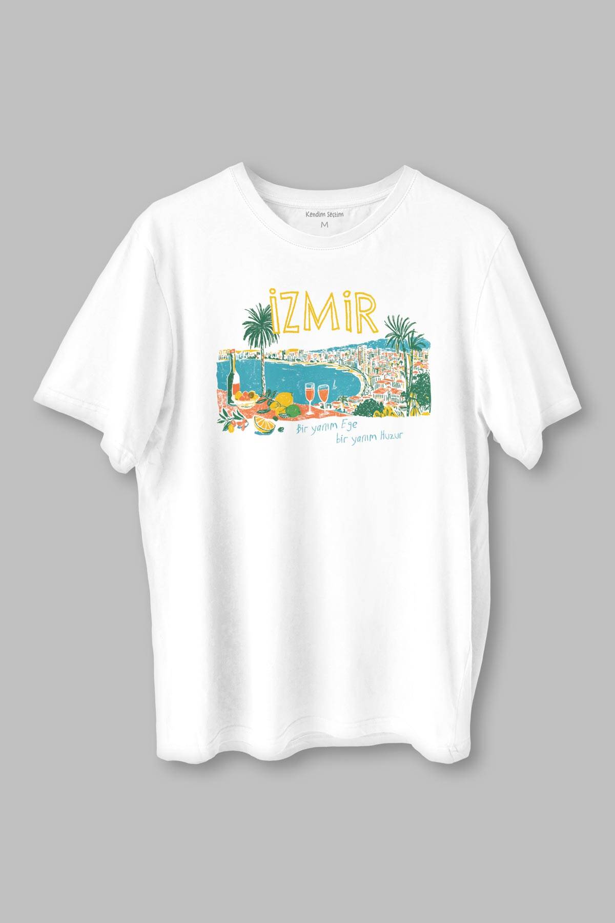İzmir Tişört Ege Ruhu Limon Zeytin Şehir Baskılı Beyaz T-shirt