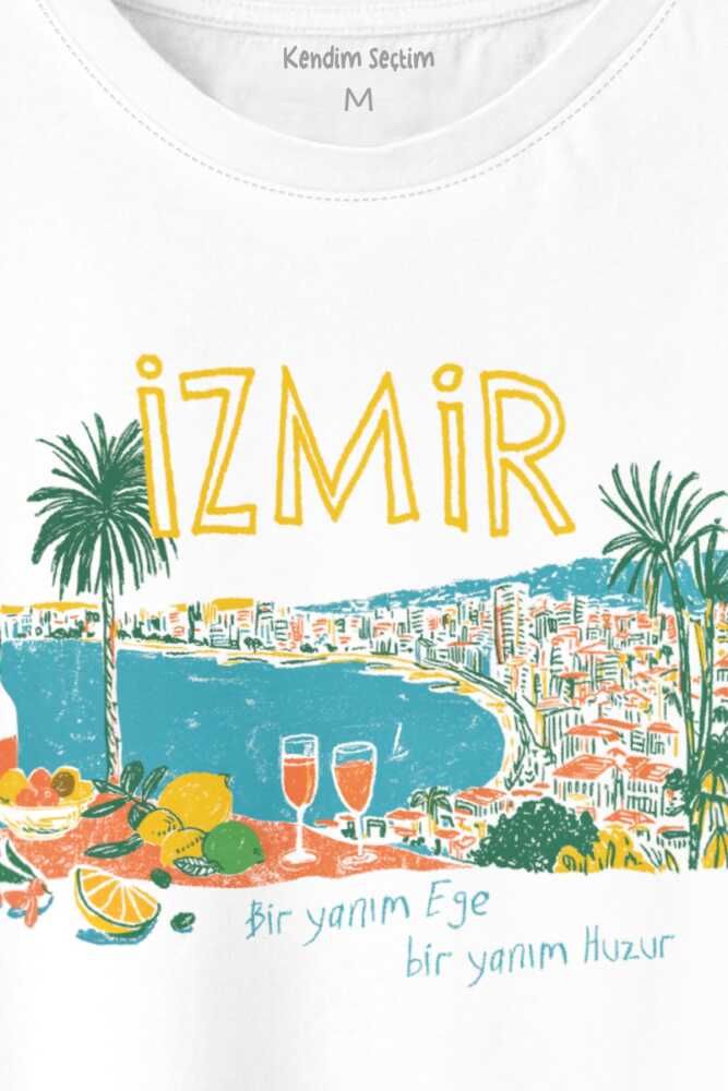 İzmir Tişört Ege Ruhu Limon Zeytin Şehir Baskılı Beyaz T-shirt (1)