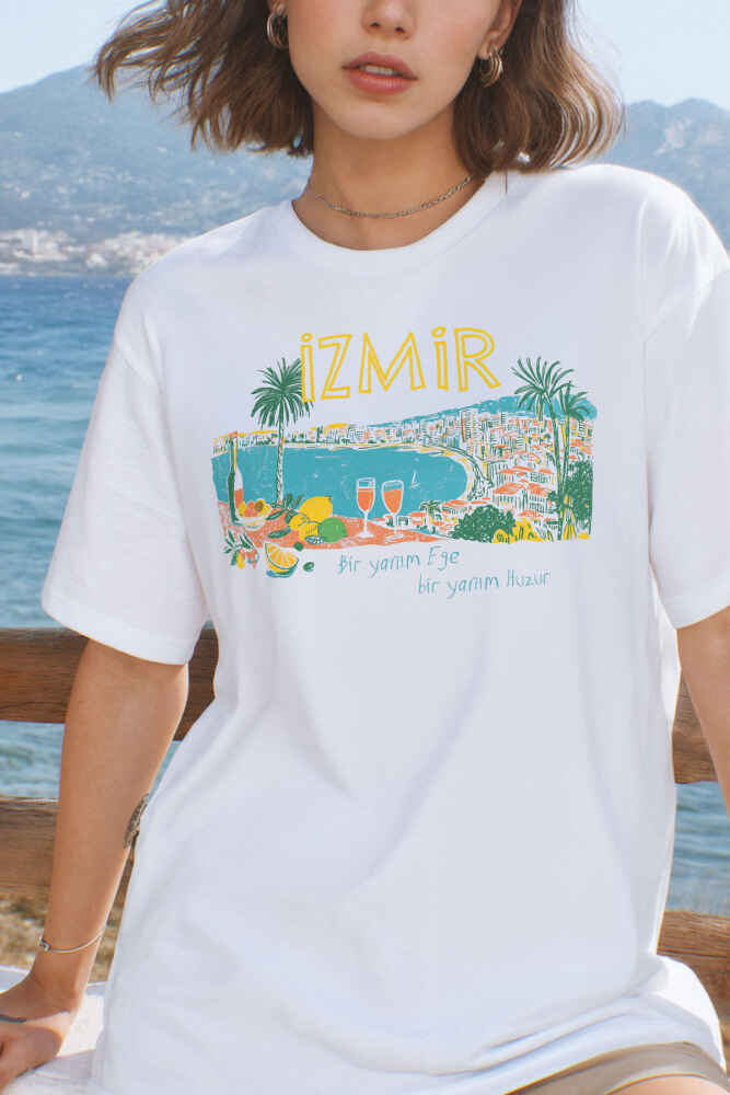 İzmir Ege Ruhu Limon Zeytin Şehir Baskılı Beyaz Tişört