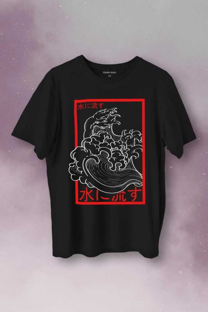 Japanese Wind Wave Japon Rüzgar 2K Street Culture Baskılı Siyah Tişört Unisex
