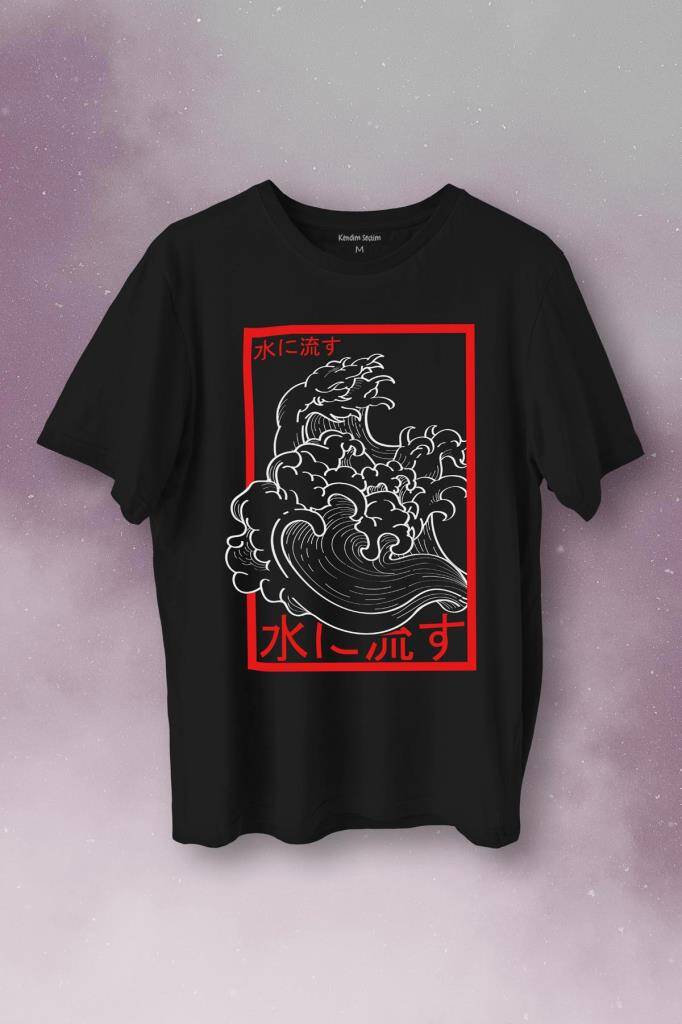 Japanese Wind Wave Japon Rüzgar 2K Street Culture Baskılı Siyah Tişört Unisex